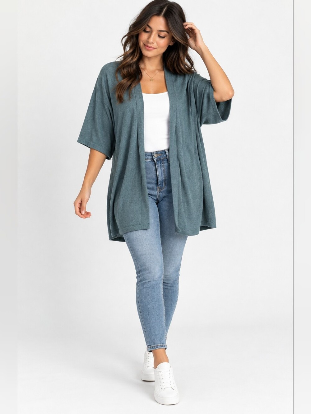Eileen Fisher Open-Front Draped Cardigan in Teal Green 100% Cashmere